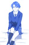  blue gekkan_shoujo_nozaki-kun kashima_yuu long_sleeves monochrome necktie school_uniform short_hair sitting sitting_on_stairs skirt sleeves_rolled_up smile socks solo stairs sweater ueyama_michirou 