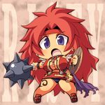  1girl character_name chibi long_hair looking_at_viewer open_mouth purple_eyes queen&#039;s_blade queen's_blade red_hair risty shield solo ushi very_long_hair weapon 