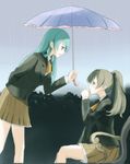  arm_behind_back bad_id bad_pixiv_id bench brown_hair from_side green_eyes green_hair hair_ornament highres holding holding_umbrella kantai_collection kisetsu kumano_(kantai_collection) leaning_forward long_hair multiple_girls open_mouth park_bench ponytail profile rain shared_umbrella sitting standing suzuya_(kantai_collection) tears umbrella wet wet_clothes 