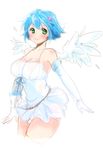 1girl arseyou bare_shoulders blue_hair blush breasts cameltoe cleavage detached_sleeves green_eyes hair_ornament large_breasts looking_at_viewer nanael panties queen&#039;s_blade queen's_blade short_hair smile solo underwear white_background wide_hips wings 
