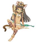  akr_et animal_ears anklet armlet bangs bare_shoulders barefoot bastet_(p&amp;d) black_hair blunt_bangs blush bracelet cat_ears cat_tail choker cross-laced_legwear dark_skin egyptian egyptian_clothes full_body green_eyes halterneck headpiece instrument jewelry licking_lips long_hair midriff naughty_face navel puzzle_&amp;_dragons simple_background sistrum sitting skirt solo tail tareme tongue tongue_out white_background white_skirt 