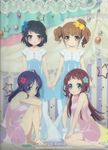  bare_legs bare_shoulders barefoot black_hair blue_eyes blue_hair brown_eyes brown_hair dress flower hair_flower hair_ornament highres hiradaira_chisaki hisanuma_sayu holding_hands long_hair looking_at_viewer mukaido_manaka multiple_girls nagi_no_asukara official_art scan scan_artifacts shiodome_miuna short_hair side_ponytail sitting socks standing twintails watermark white_legwear 