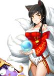  ahri animal_ears black_hair breasts brown_eyes cleavage fox_ears fox_tail large_breasts league_of_legends long_hair lulu_(league_of_legends) multiple_girls multiple_tails orb smile solo_focus tail takotsu whiskers 