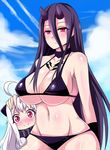  ahoge battleship_hime bikini black_hair breasts gigantic_breasts horns kantai_collection long_hair megane_man multiple_girls northern_ocean_hime red_eyes shinkaisei-kan swimsuit very_long_hair white_hair 