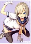  all_fours arm_up bent_over black_legwear blue_eyes breasts covered_nipples gloves hair_ornament hair_over_one_eye hairclip hamakaze_(kantai_collection) highres kantai_collection kikuchi_seiji large_breasts no_pants open_mouth pantyhose pantyhose_pull sailor_collar scan school_uniform serafuku silver_hair solo tears white_gloves wince 