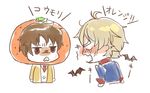  aldnoah.zero anger_vein angry bat belt blush brown_eyes brown_hair costume food fruit kaizuka_inaho kisato mandarin_orange multiple_boys necktie orange school_uniform short_hair silver_hair slaine_troyard sweater_vest translated uniform 