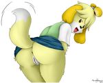  2014 alpha_channel animal_crossing anthro anus back_turned big_butt butt canine clothing dog female isabelle_(animal_crossing) looking_at_viewer looking_back mammal marukomuru nintendo plain_background presenting presenting_anus presenting_ass presenting_pussy pussy raised_tail skirt skirt_lift solo tongue tongue_out transparent_background video_games watermark wide_hips 