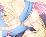  2girls 69 blonde_hair blush breast_sucking breasts dark_magician_girl gagaga_girl green_eyes highres karucho lactation multiple_girls pink_eyes yu-gi-oh! yuri yuu-gi-ou_duel_monsters yuu-gi-ou_zexal 