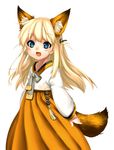  :d absurdres animal_ears blonde_hair blue_eyes extra_ears fox_ears fox_tail hair_ribbon hanbok highres korean_clothes long_hair looking_at_viewer open_mouth ribbon seeu smile solo star star-shaped_pupils symbol-shaped_pupils tail takotsu vocaloid 