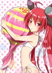  absurdres ahoge bikini blush breasts candy chupa_chups date_a_live food hair_ribbon highres itsuka_kotori lollipop long_hair looking_at_viewer midriff mouth_hold oversized_food oversized_object polka_dot polka_dot_background red_eyes red_hair ribbon side-tie_bikini small_breasts solo swimsuit twintails very_long_hair white_bikini yuto_(dialique) 