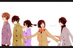  3boys bad_id bad_pixiv_id black_hair brown_hair closed_eyes coat enomoto_takane facial_hair glasses hair_ornament hairclip kagerou_project kiichigo_(k-15) kisaragi_shintarou kokonose_haruka long_hair multiple_boys multiple_girls scarf short_hair smile stubble tateyama_ayano tateyama_kenjirou 