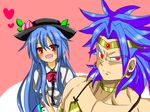  1girl blue_hair broly crossover dragon_ball dragon_ball_z earrings hat heart hinanawi_tenshi jewelry long_hair muscle necklace open_mouth puffy_sleeves red_eyes short_hair spiked_hair touhou 