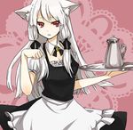  albino animal_ears apron bell bell_collar bow breasts carrying cat_ears cleavage collar cup detached_collar dress hair_bow hair_ribbon kurasawa_moko light_frown long_hair looking_at_viewer maid maid_apron medium_breasts original paw_pose red_eyes ribbon silver_hair solo teacup teapot tray tsurime 