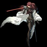  1girl atlus aviators belt bodysuit catsuit evoker framed_breasts fur_coat highres jpeg_artifacts kirijou_mitsuru lipstick long_hair makeup megami_tensei official_art older persona persona_3 persona_4 persona_4:_the_ultimate_in_mayonaka_arena rapier red_eyes red_hair shin_megami_tensei soejima_shigenori solo sword weapon 