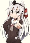  &gt;:( amatsukaze_(kantai_collection) brown_eyes dress frown index_finger_raised kantai_collection long_hair looking_at_viewer miyako_hito pointing sailor_dress silver_hair solo thighhighs two_side_up v-shaped_eyebrows 