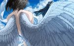  1girl angel_wings bad_id bad_pixiv_id black_hair cloak cloud day elona harusame_(rueken) lulwy_of_wind mani_of_machine nude shawl short_hair silver_hair sky white_wings wings 