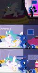  2014 absurd_res blush comic dialog diaper english_text equine evilfrenzy female feral friendship_is_magic hi_res horn horse mammal my_little_pony princess_celestia_(mlp) princess_luna_(mlp) sweat text urine winged_unicorn wings 