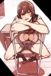  alternate_costume ashigara_(kantai_collection) bad_id bad_twitter_id bangs black_legwear blush bow bowtie breasts brown_eyes brown_hair chair covered_nipples crossed_arms desk hairband highres huge_breasts ikarin kantai_collection kneehighs miniskirt open_clothes open_mouth open_shirt panties pleated_skirt school_uniform see-through shirt shoes sitting skirt solo spread_legs underwear uwabaki 