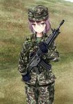  assault_rifle brown_eyes camouflage gun howa_type_89 inoshira load_bearing_vest looking_at_viewer original purple_hair rifle scope solo sweatdrop weapon 