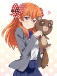  blush bow gekkan_shoujo_nozaki-kun ginmaru hair_bow long_hair orange_hair polka_dot polka_dot_background polka_dot_bow purple_eyes rouman_academy_uniform sakura_chiyo school_uniform smile solo tanuki 