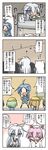  alternate_costume animal_hood bed braid bucket bunk_bed cat_hood comic fairy_(kantai_collection) hardhat hat helmet helmet_musume_(kantai_collection) hibiki_(kantai_collection) highres hood hooded_top kantai_collection kasaneko maintenance_musume_(kantai_collection) mallet multiple_girls pajamas pink_hair ponytail school_uniform serafuku shiranui_(kantai_collection) silver_hair single_braid translation_request verniy_(kantai_collection) waking_up 