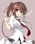  belt brown_eyes brown_hair cigarette hair_ornament hairclip highres kagome_(traumatize) long_hair minakami_yuki necktie ponytail skirt smile smoke smoking subarashiki_hibi waving wristband 