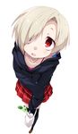  bags_under_eyes black_legwear blonde_hair blush earrings hair_ornament hair_over_one_eye hood hood_down hoodie idolmaster idolmaster_cinderella_girls jewelry looking_at_viewer open_mouth red_eyes sala_mander shirasaka_koume short_hair skirt sleeves_past_wrists smile solo thighhighs 