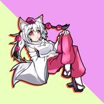  alternate_hairstyle animal_ears bare_shoulders blush breasts crossed_legs detached_sleeves geta hat inubashiri_momiji large_breasts long_hair looking_at_viewer mashiki open_mouth pom_pom_(clothes) ponytail red_eyes silver_hair solo tail tokin_hat touhou wolf_ears wolf_tail 