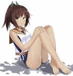  bare_legs bare_shoulders barefoot blue_swimsuit blush brown_hair feet hair_ornament hands_on_own_knees i-401_(kantai_collection) kantai_collection kuhotaka looking_at_viewer one-piece_swimsuit ponytail sitting smile solo swimsuit swimsuit_under_clothes tank_top wet yellow_eyes 