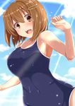  1girl armpits blush breasts brown_eyes brown_hair cleavage hair_ornament happy kichi8 large_breasts looking_at_viewer nakahara-kun_no_kahogo_na_imouto nakahara_maria navel open_mouth school_swimsuit short_hair smile solo source_request sunlight swimsuit wet wide_hips 