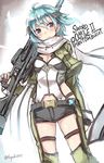  1girl blue_eyes blush chaps copyright_name fingerless_gloves gloves gun hair_ornament hairclip highres nanahara_fuyuki over_shoulder rifle scarf shinon_(sao) short_hair short_shorts shorts sketch sniper_rifle solo standing sword_art_online twitter_username weapon 