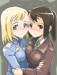  asymmetrical_docking blonde_hair blush breast_press breasts brown_eyes brown_hair buttons cheek-to-cheek collared_shirt elma_leivonen formal geena_preddy green_eyes grey_background large_breasts long_sleeves looking_at_viewer military military_uniform multiple_girls necktie noble_witches shirt simple_background smile suit tareme uniform vt world_witches_series 