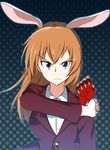  animal_ears bad_id bad_pixiv_id blue_eyes bunny_ears charlotte_e_yeager fingerless_gloves gloves highres kill_la_kill koshimizu_ami long_hair long_sleeves military military_uniform orange_hair parody polka_dot polka_dot_background scowl seiyuu_connection shiny shiny_hair single_glove solo strike_witches uniform world_witches_series yamabuki_hiiro 