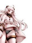  absurdres ahoge black_panties highres horns jenigata kantai_collection long_hair looking_at_viewer looking_down mittens northern_ocean_hime pale_skin panties red_eyes shinkaisei-kan side-tie_panties silver_hair simple_background solo underwear white_background 