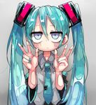  aqua_eyes aqua_hair bags_under_eyes constricted_pupils double_v english expressionless grey_background hatsune_miku long_hair looking_at_viewer nail_polish necktie solo tera text_focus tie_clip twintails v very_long_hair vocaloid 