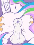  2014 absurd_res anthro anthrofied anus balls butt equine friendship_is_magic hair hi_res male mammal megaherts multi-colored_hair my_little_pony nude plain_background princess_celestia_(mlp) purple_background solo sweat wings 