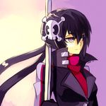  black_hair blue_(hopebiscuit) fearless_night flat_chest hair_ornament high_collar long_hair poco_muerte purple_eyes ringed_eyes scarf skull_hair_ornament solo split_ponytail 