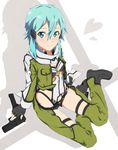  aqua_eyes aqua_hair black_gloves boots extended_magazine fingerless_gloves glock gloves gun hair_between_eyes hair_ornament hairclip handgun heart looking_at_viewer m-ya pistol scarf short_shorts shorts sinon sitting smile solo sword_art_online thigh_strap weapon yokozuwari 