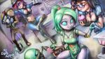  3girls apron between_breasts blitzcrank blue_eyes boots breasts caitlyn_(league_of_legends) cleavage convenience_store crop_top cupcake food gauntlets hat highres league_of_legends long_hair medium_breasts midriff multiple_girls navel no_pupils officer_caitlyn officer_vi orianna_reveck parted_lips phantom_ix_row pink_hair police police_uniform robot shop short_hair sunglasses translation_request uniform vi_(league_of_legends) 