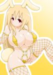  1girl animal_ears bikini blonde_hair breasts bunny_ears bunny_girl bunny_tail curvy elbow_gloves erect_nipples female fishnets gloves huge_breasts long_hair navel original red_eyes simple_background sling_bikini solo swimsuit tail thighhighs yellow yellow_bikini yuma-24 