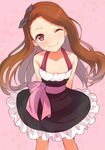  ;) arms_behind_back bare_shoulders black_dress brown_hair closed_mouth dress hair_ribbon idolmaster idolmaster_(classic) long_hair looking_at_viewer maumen minase_iori one_eye_closed pink_background red_eyes ribbon smile solo 