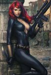  avengers black_widow bodysuit breasts cleavage green_eyes gun highres knife large_breasts lips long_hair marvel natasha_romanoff red_hair rifle signature smile solo stanley_lau weapon 
