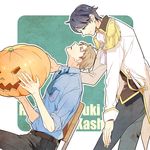  1girl brown_eyes brown_hair chair epaulettes gekkan_shoujo_nozaki-kun green_eyes grey_hair hori_masayuki jack-o'-lantern kashima_yuu military military_uniform pumpkin rookya school_uniform short_hair sword uniform weapon 