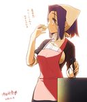  apron cooking kantai_collection ladle pun purple_eyes purple_hair short_hair sipping solo tatsuta_(kantai_collection) translated tsurusaki_yuu 