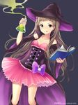  :q amakusa_rin book bottle brown_hair detached_sleeves green_eyes hat holding ilog long_hair looking_at_viewer occhan_(11715) official_art potion solo tongue tongue_out witch_hat 