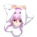  animal_ears breasts hand_on_own_head kuro75268 large_breasts lavender_hair light_smile long_hair looking_at_viewer looking_up reisen_udongein_inaba simple_background solo touhou white_background yellow_eyes 