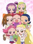  6+girls asuka_momoko bangs blonde_hair blue_eyes blue_hair brown_eyes brown_hair everyone eyes_closed fujiwara_hazuki glasses green_eyes hair_ornament harukaze_doremi harukaze_poppu hatomugisan holding hug long_hair looking_at_viewer makihatayama_hana multiple_girls ojamajo_doremi open_mouth pink_background pink_eyes pink_hair pose posing purple_eyes purple_hair red_hair segawa_onpu senoo_aiko shirt short_hair shorts side_ponytail skirt smile suspenders v vest 