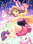  :d amakusa_rin barefoot bloomers brown_hair bunny feet green_eyes hat ilog long_hair looking_at_viewer mob_cap occhan_(11715) open_mouth pajamas pink_bloomers polka_dot polka_dot_pajamas smile stuffed_animal stuffed_bunny stuffed_toy underwear 