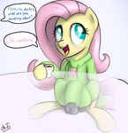  2014 augustbebel balls big_balls clothing dialog dickgirl english_text equine feral fluttershy_(mlp) friendship_is_magic fur hair hi_res intersex long_hair mammal my_little_pony open_mouth pegasus penis pink_hair solo text wings yellow_fur 