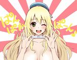  atago_(kantai_collection) blonde_hair green_eyes hat imada_hidehito kantai_collection long_hair looking_at_viewer one_eye_closed open_mouth pan-pa-ka-paaan! pregnancy_test rising_sun solo sunburst text_focus topless translated 